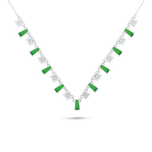 [NCL01EMR00WCZB498] Sterling Silver 925 Necklace Rhodium Plated Embedded With Emerald Zircon And White Zircon