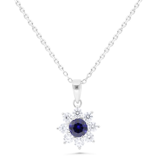 [NCL01SAP00WCZB508] Sterling Silver 925 Necklace Rhodium Plated Embedded With Sapphire Corundum And White Zircon