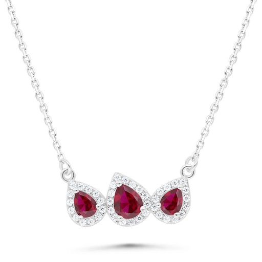 [NCL01RUB00WCZB510] Sterling Silver 925 Necklace Rhodium Plated Embedded With Ruby Corundum And White Zircon