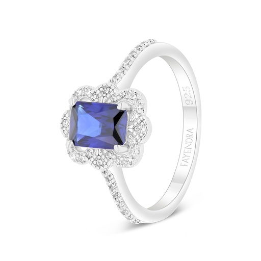 Sterling Silver 925 Ring Rhodium Plated Embedded With Sapphire Corundum And White Zircon
