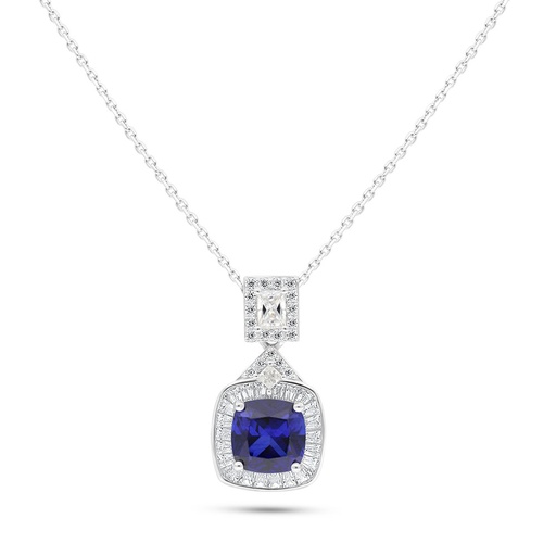 [NCL01SAP00WCZB731] Sterling Silver 925 Necklace Rhodium Plated Embedded With Sapphire Corundum And White Zircon