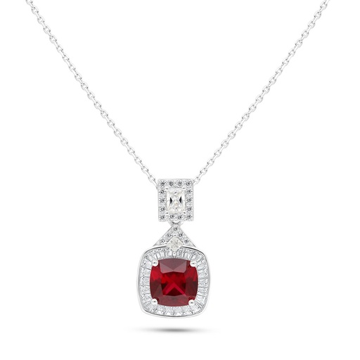 [NCL01RUB00WCZB731] Sterling Silver 925 Necklace Rhodium Plated Embedded With Ruby Corundum And White Zircon
