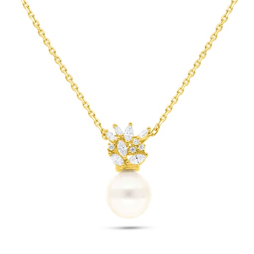 [NCL02PRL00WCZB755] Sterling Silver 925 Necklace Golden Plated Embedded With Fresh Water Pearl And White Zircon