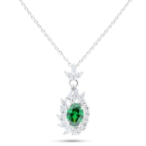 [NCL01EMR00WCZB759] Sterling Silver 925 Necklace Rhodium Plated Embedded With Emerald Zircon And White Zircon
