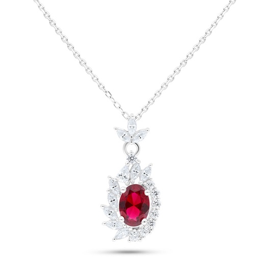 [NCL01RUB00WCZB759] Sterling Silver 925 Necklace Rhodium Plated Embedded With Ruby Corundum And White Zircon