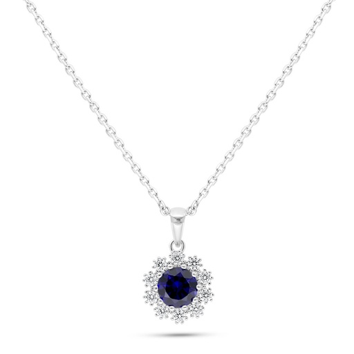 [NCL01SAP00WCZB789] Sterling Silver 925 Necklace Rhodium Plated Embedded With Sapphire Corundum And White Zircon
