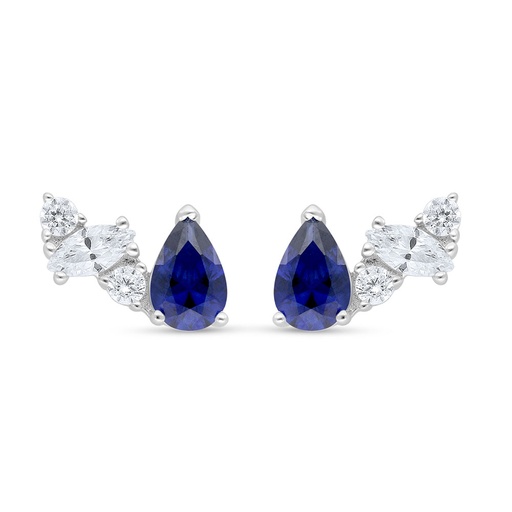 [EAR01SAP00WCZC572] Sterling Silver 925 Earring Rhodium Plated Embedded With Sapphire Corundum And White Zircon