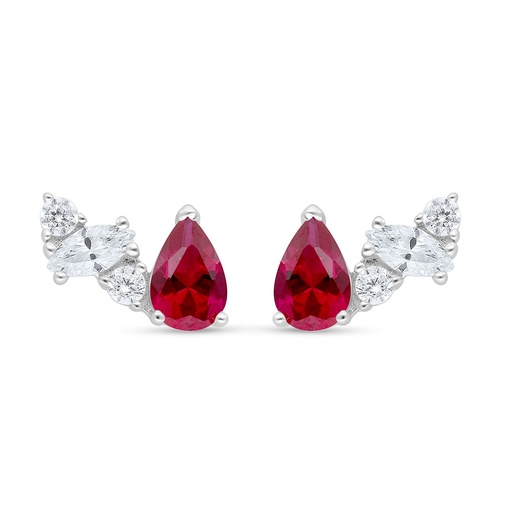 [EAR01RUB00WCZC572] Sterling Silver 925 Earring Rhodium Plated Embedded With Ruby Corundum And White Zircon