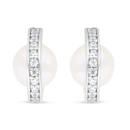[EAR01PRL00WCZC588] Sterling Silver 925 Earring Rhodium Plated Embedded With Fresh Water Pearl And White Zircon