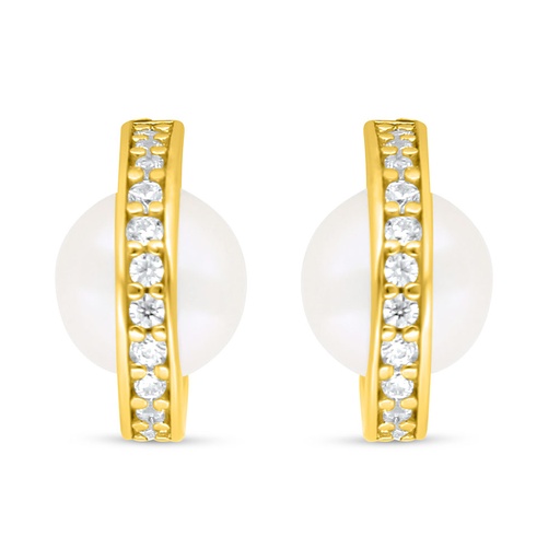 [EAR02PRL00WCZC588] Sterling Silver 925 Earring Golden Plated Embedded With Fresh Water Pearl And White Zircon