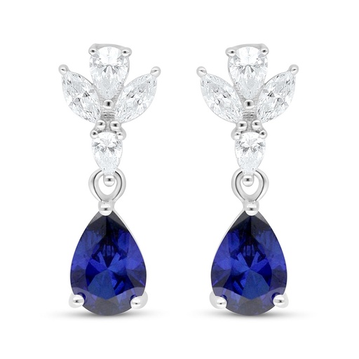 [EAR01SAP00WCZC591] Sterling Silver 925 Earring Rhodium Plated Embedded With Sapphire Corundum And White Zircon