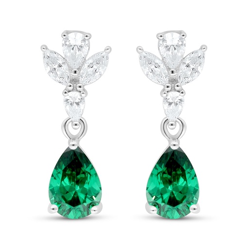 [EAR01EMR00WCZC591] Sterling Silver 925 Earring Rhodium Plated Embedded With Emerald Zircon And White Zircon