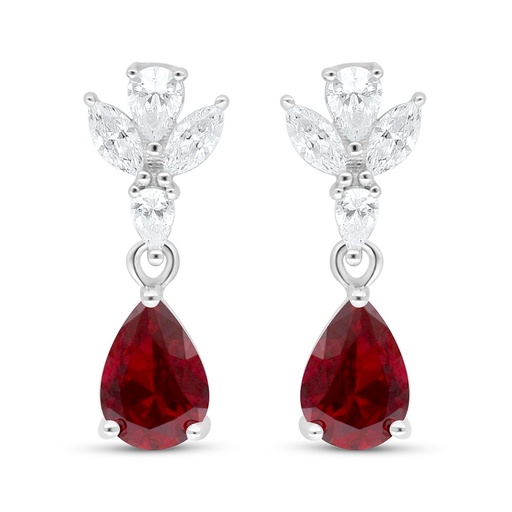 [EAR01RUB00WCZC591] Sterling Silver 925 Earring Rhodium Plated Embedded With Ruby Corundum And White Zircon