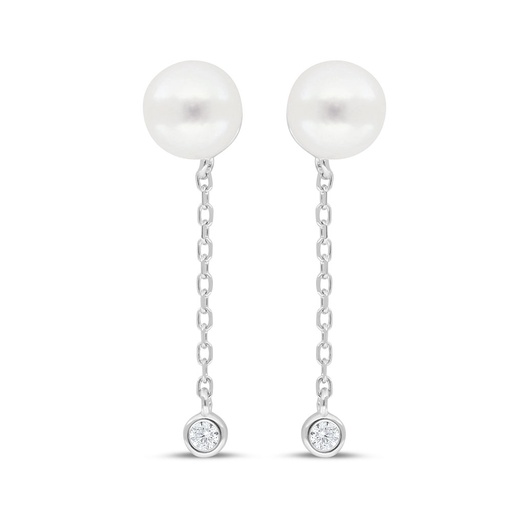 [EAR01PRL00WCZC595] Sterling Silver 925 Earring Rhodium Plated Embedded With Fresh Water Pearl And White Zircon
