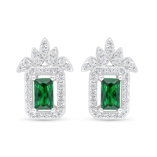 [EAR01EMR00WCZC602] Sterling Silver 925 Earring Rhodium Plated Embedded With Emerald Zircon And White Zircon