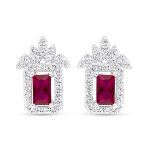 [EAR01RUB00WCZC602] Sterling Silver 925 Earring Rhodium Plated Embedded With Ruby Corundum And White Zircon