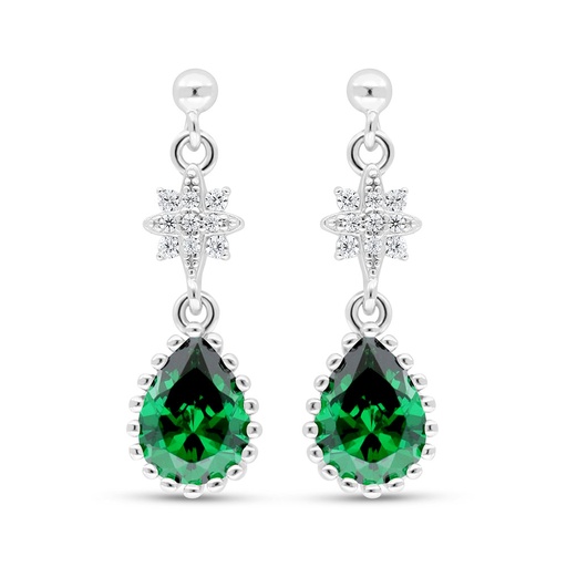 [EAR01EMR00WCZC618] Sterling Silver 925 Earring Rhodium Plated Embedded With Emerald Zircon And White Zircon