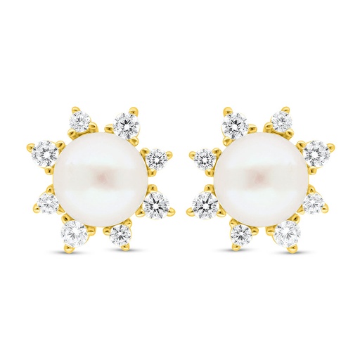 [EAR02PRL00WCZC619] Sterling Silver 925 Earring Golden Plated Embedded With Fresh Water Pearl And White Zircon