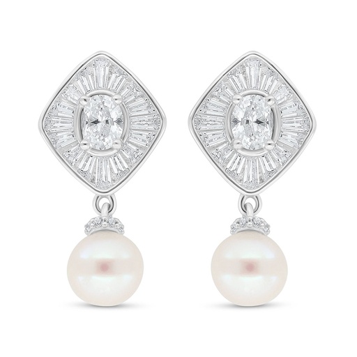 [EAR01PRL00WCZC623] Sterling Silver 925 Earring Rhodium Plated Embedded With Fresh Water Pearl And White Zircon