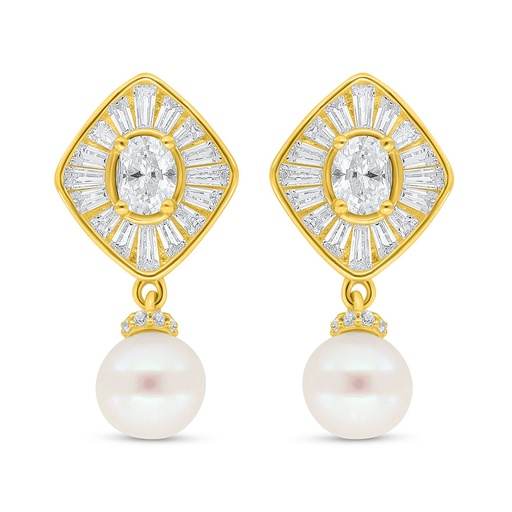 [EAR02PRL00WCZC623] Sterling Silver 925 Earring Golden Plated Embedded With Fresh Water Pearl And White Zircon