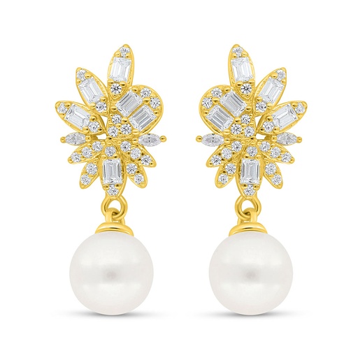 [EAR02PRL00WCZC625] Sterling Silver 925 Earring Golden Plated Embedded With Fresh Water Pearl And White Zircon