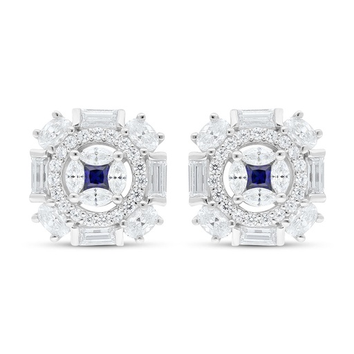 [EAR01SAP00WCZC626] Sterling Silver 925 Earring Rhodium Plated Embedded With Sapphire Corundum And White Zircon