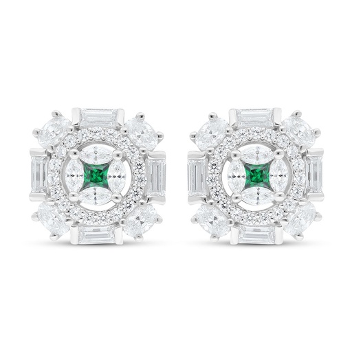 [EAR01EMR00WCZC626] Sterling Silver 925 Earring Rhodium Plated Embedded With Emerald Zircon And White Zircon