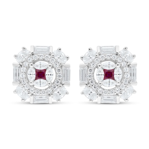 [EAR01RUB00WCZC626] Sterling Silver 925 Earring Rhodium Plated Embedded With Ruby Corundum And White Zircon