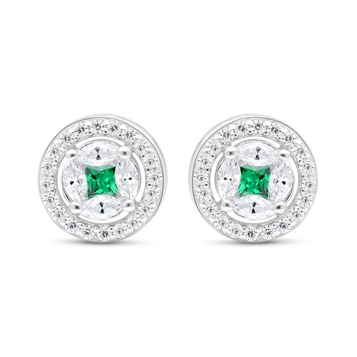 [EAR01EMR00WCZC629] Sterling Silver 925 Earring Rhodium Plated Embedded With Emerald Zircon And White Zircon