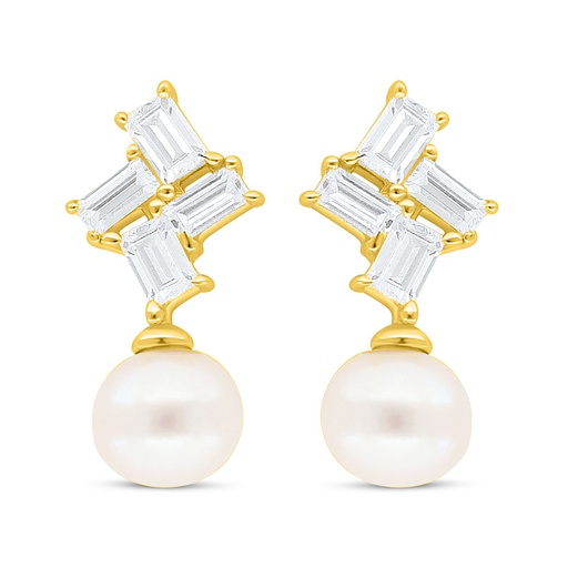 [EAR02PRL00WCZC632] Sterling Silver 925 Earring Golden Plated Embedded With Fresh Water Pearl And White Zircon
