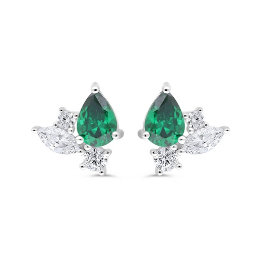 [EAR01EMR00WCZC633] Sterling Silver 925 Earring Rhodium Plated Embedded With Emerald Zircon And White Zircon