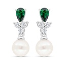 Sterling Silver 925 Earring Rhodium Plated Embedded With Fresh Water Pearl And Emerald Zircon And White Zircon