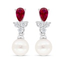 Sterling Silver 925 Earring Rhodium Plated Embedded With Fresh Water Pearl And Ruby Corundum And White Zircon