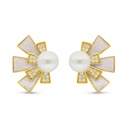 Sterling Silver 925 Earring Golden Plated Embedded With Fresh Water Pearl And White Shell And White Zircon