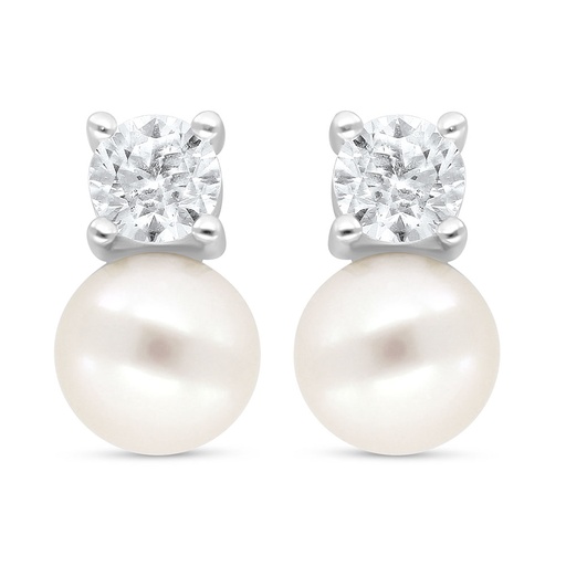[EAR01PRL00WCZC647] Sterling Silver 925 Earring Rhodium Plated Embedded With Fresh Water Pearl And White Zircon