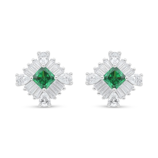 [EAR01EMR00WCZC650] Sterling Silver 925 Earring Rhodium Plated Embedded With Emerald Zircon And White Zircon