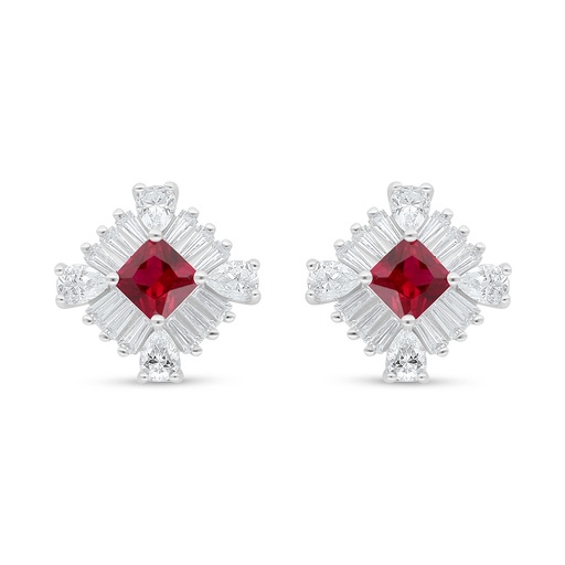 [EAR01RUB00WCZC650] Sterling Silver 925 Earring Rhodium Plated Embedded With Ruby Corundum And White Zircon