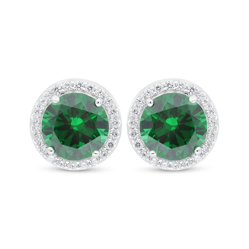 [EAR01EMR00WCZD040] Sterling Silver 925 Earring Rhodium Plated Embedded With Emerald Zircon And White Zircon