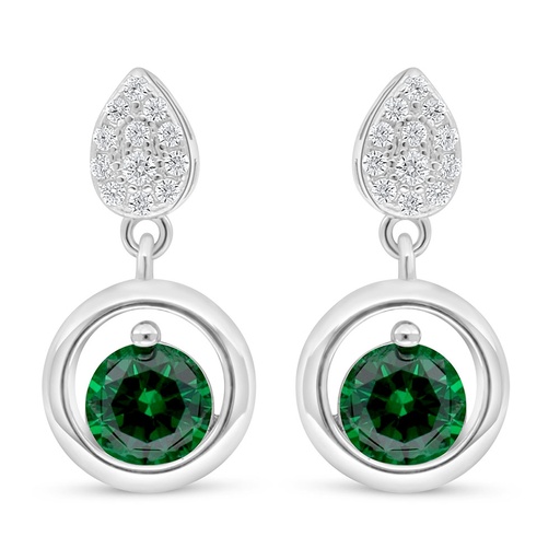 [EAR01EMR00WCZD057] Sterling Silver 925 Earring Rhodium Plated Embedded With Emerald Zircon And White Zircon