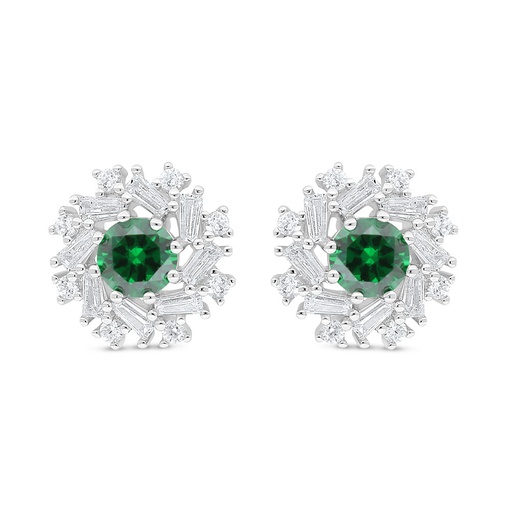 [EAR01EMR00WCZD058] Sterling Silver 925 Earring Rhodium Plated Embedded With Emerald Zircon And White Zircon