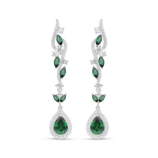 [EAR01EMR00WCZD062] Sterling Silver 925 Earring Rhodium Plated Embedded With Emerald Zircon And White Zircon