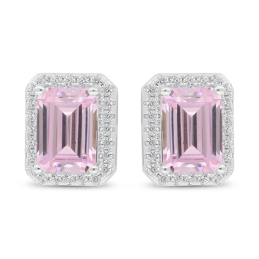 [EAR01PIK00WCZD022] Sterling Silver 925 Earring Rhodium Plated Embedded With Pink Zircon And White Zircon