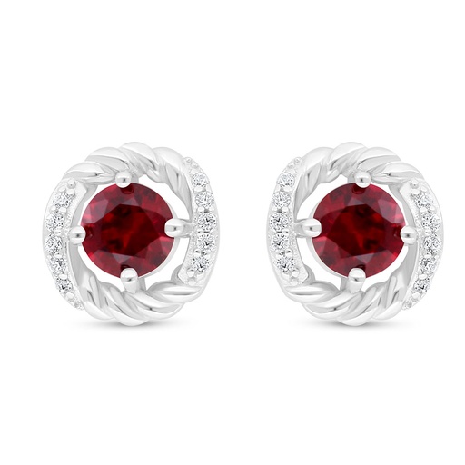 [EAR01RUB00WCZD015] Sterling Silver 925 Earring Rhodium Plated Embedded With Ruby Corundum And White Zircon