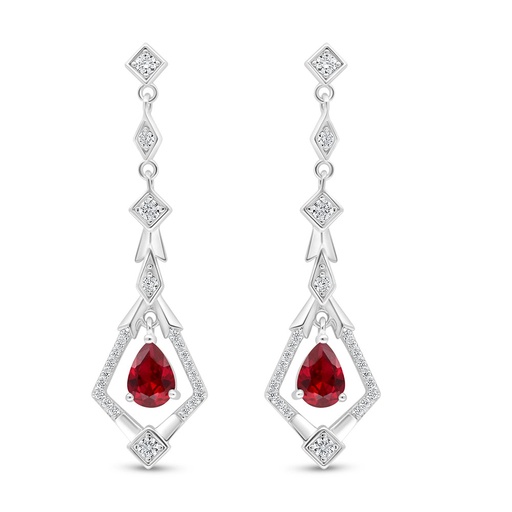 [EAR01RUB00WCZD016] Sterling Silver 925 Earring Rhodium Plated Embedded With Ruby Corundum And White Zircon