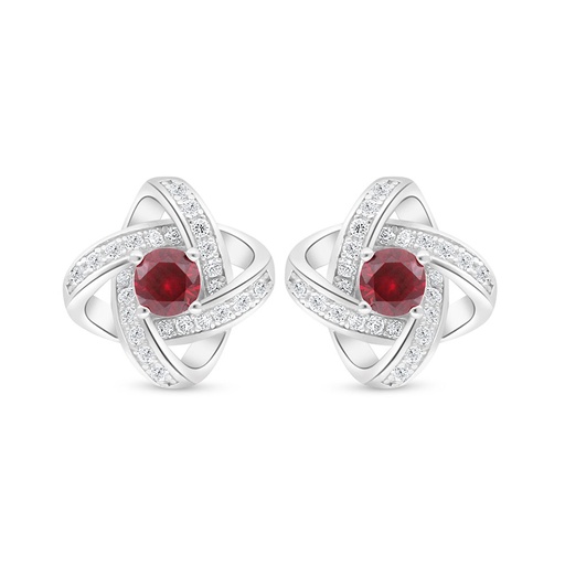 [EAR01RUB00WCZD024] Sterling Silver 925 Earring Rhodium Plated Embedded With Ruby Corundum And White Zircon