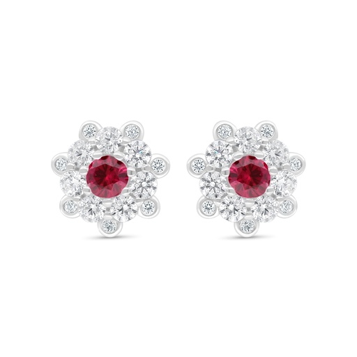 [EAR01RUB00WCZD029] Sterling Silver 925 Earring Rhodium Plated Embedded With Ruby Corundum And White Zircon