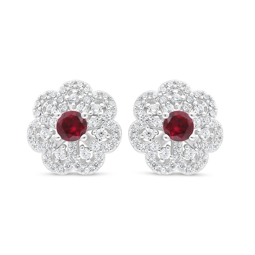 [EAR01RUB00WCZD033] Sterling Silver 925 Earring Rhodium Plated Embedded With Ruby Corundum And White Zircon