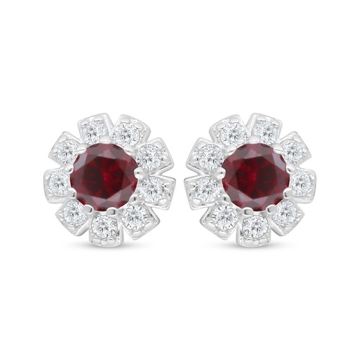 [EAR01RUB00WCZD034] Sterling Silver 925 Earring Rhodium Plated Embedded With Ruby Corundum And White Zircon