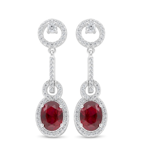 [EAR01RUB00WCZD036] Sterling Silver 925 Earring Rhodium Plated Embedded With Ruby Corundum And White Zircon