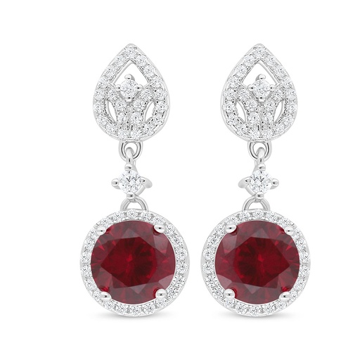[EAR01RUB00WCZD037] Sterling Silver 925 Earring Rhodium Plated Embedded With Ruby Corundum And White Zircon